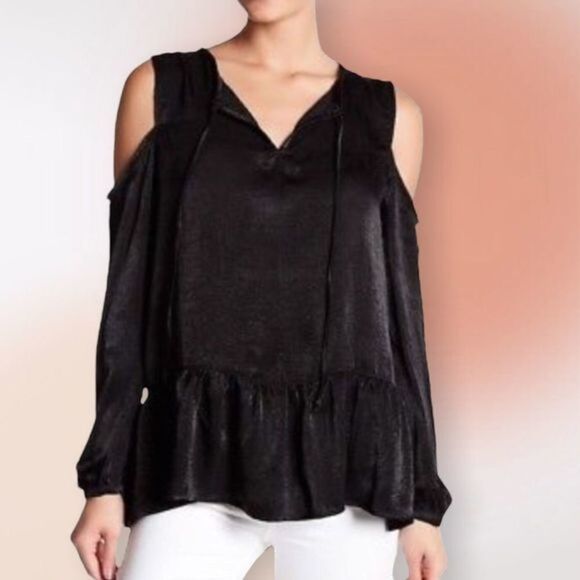HARLOWE & Graham Black‎ Polyester Satin Cold Shoulder Ruffled Top New - Picture 1 of 11